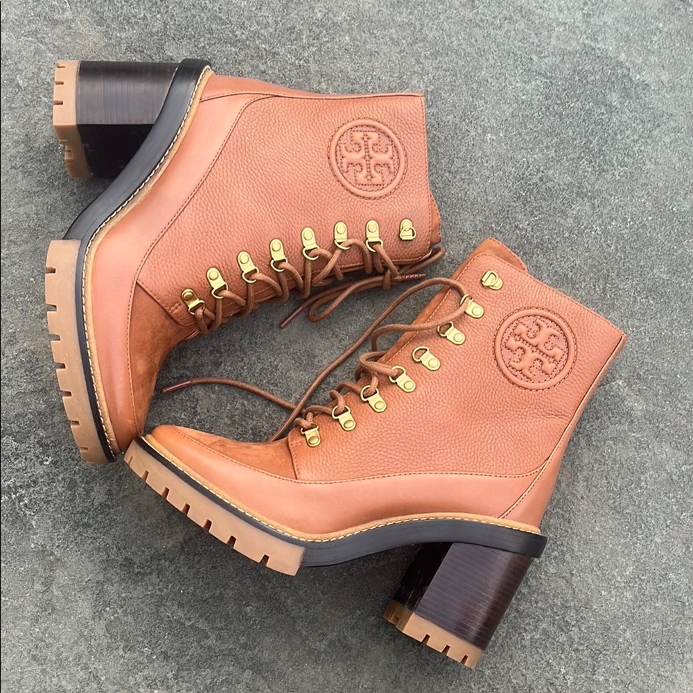 Tory Burch Tan Lace Up Boots with Rugged Sole